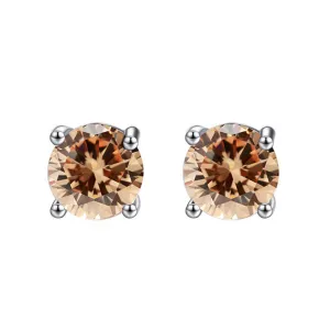 10k White Gold Plated 1 Carat Round Created Champagne Sapphire Stud Earrings
