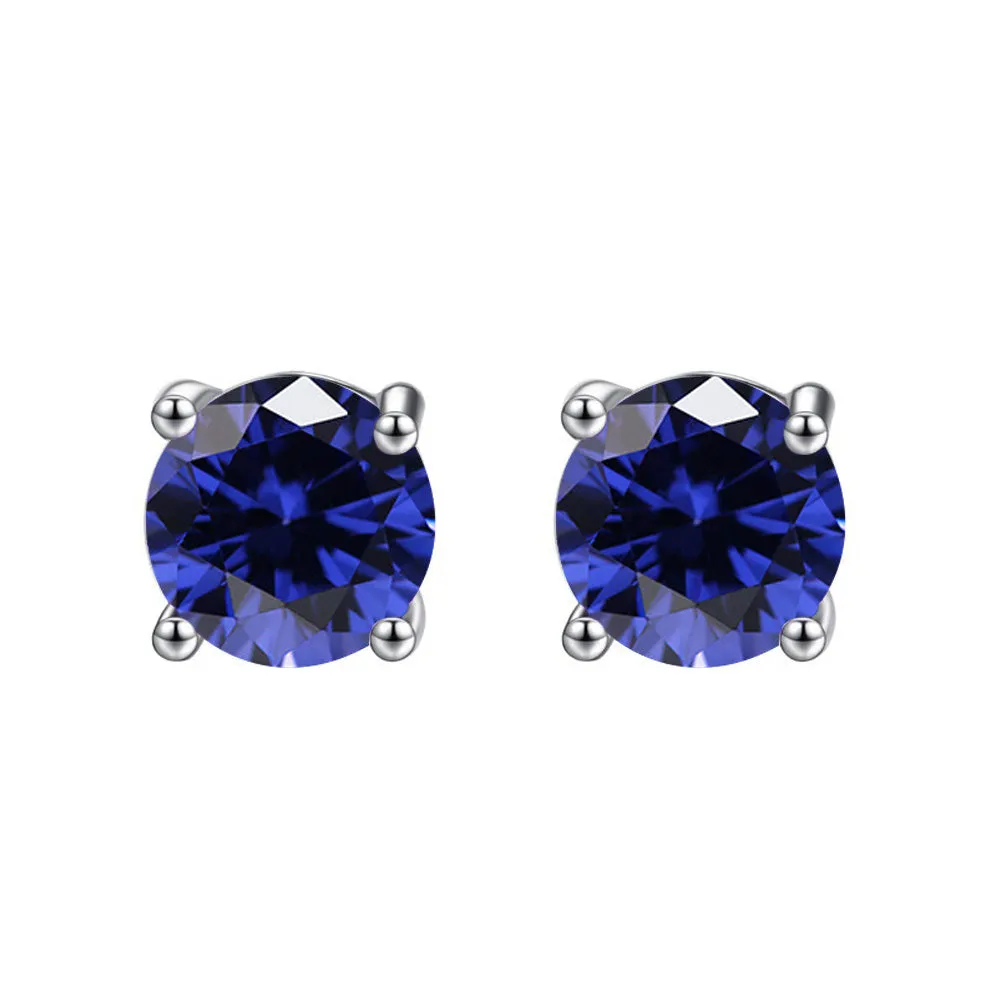 10k White Gold Plated 1/2 Carat Round Created Blue Sapphire Stud Earrings