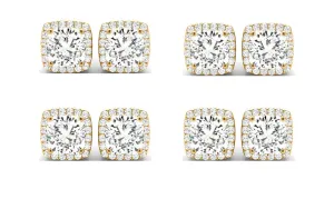 14k Yellow Gold 6mm 3Ct Cushion Cut White Sapphire Set Of Four Halo Stud Earrings Plated