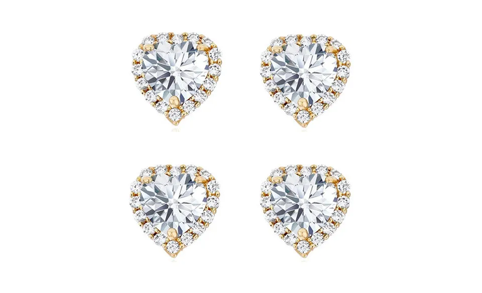 14k Yellow Gold Plated 1Ct Heart White Sapphire Set of Two Halo Stud Earrings