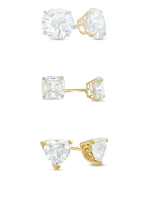 18k Yellow Gold Plated 1Cttw 7mm Created White Sapphire 3 Pair Round, Square and Heart Stud Earrings