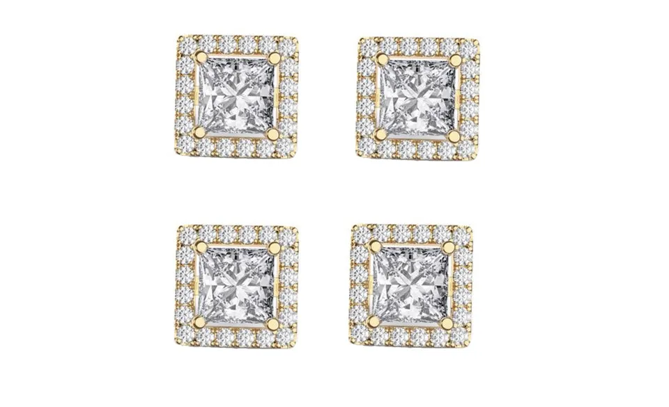 18k Yellow Gold Plated 4mm 1Ct Square Cut White Sapphire Set of Two Halo Stud Earrings