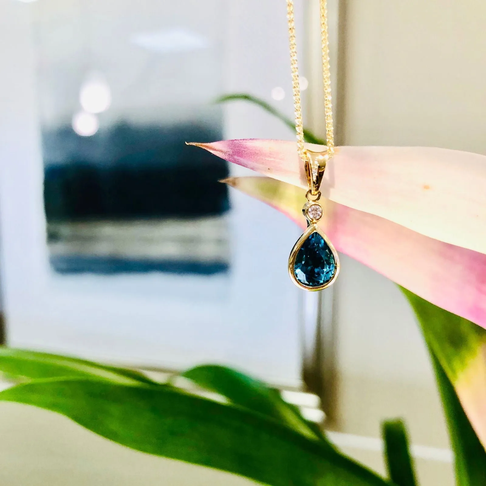 Blue Zircon Diamond Drop Pendant