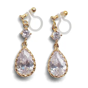 Bridal teardrop cubic zirconia crystal invisible clip on earrings ( gold tone )