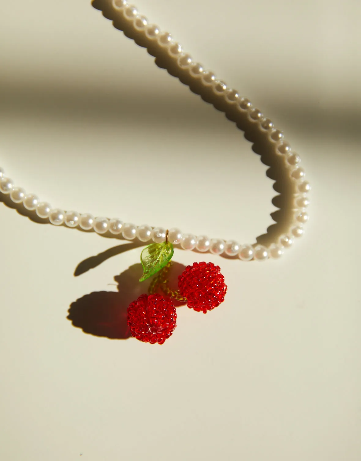 Faux Pearl and Cherry Necklace