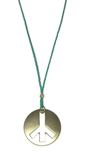 Gold Brushed Peace Charm Necklace on Teal Beaded Chain