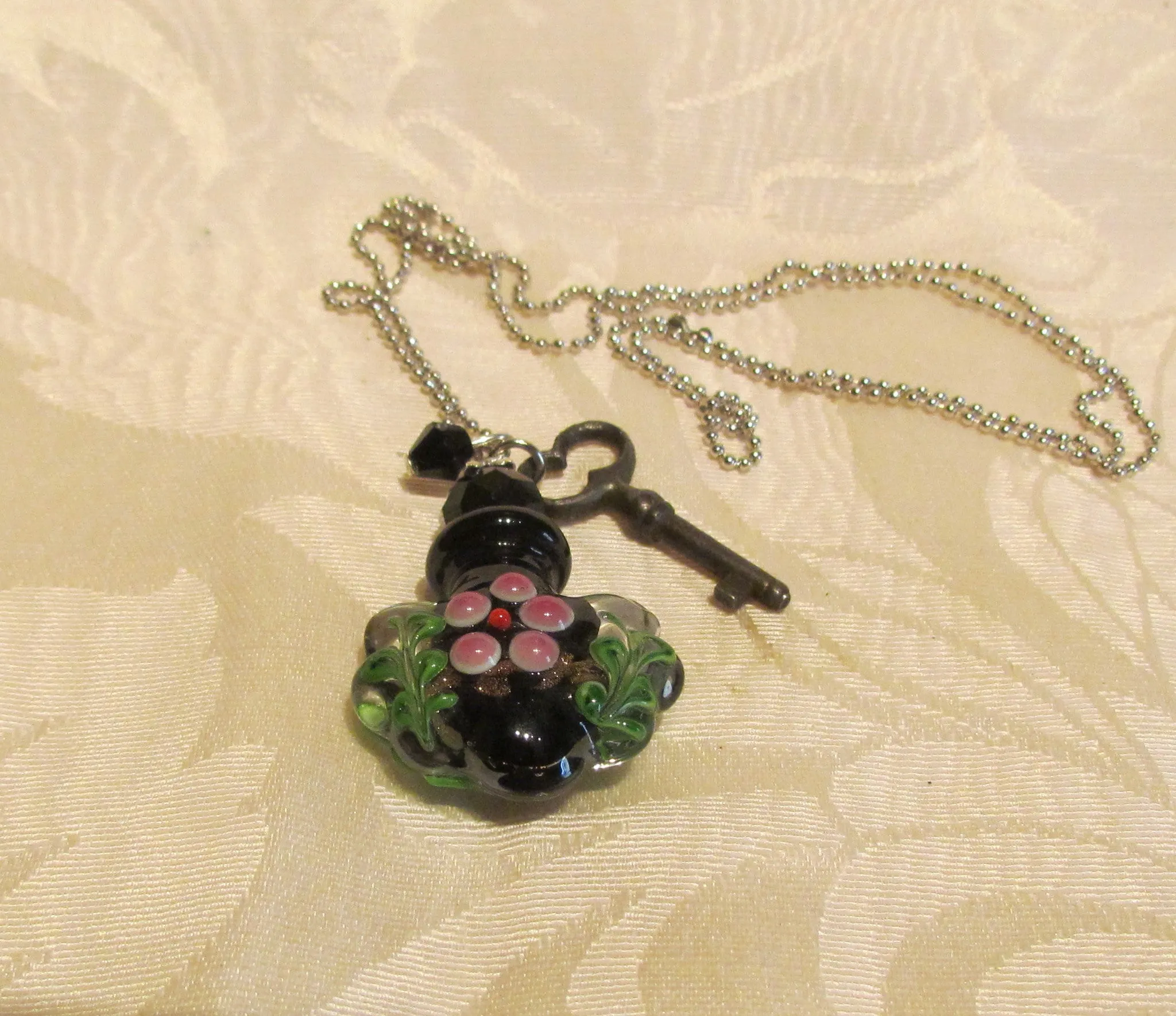 Key To Her Heart Perfume Bottle Necklace OOAK Handmade Silver Plate Blue Lampwork Pendant