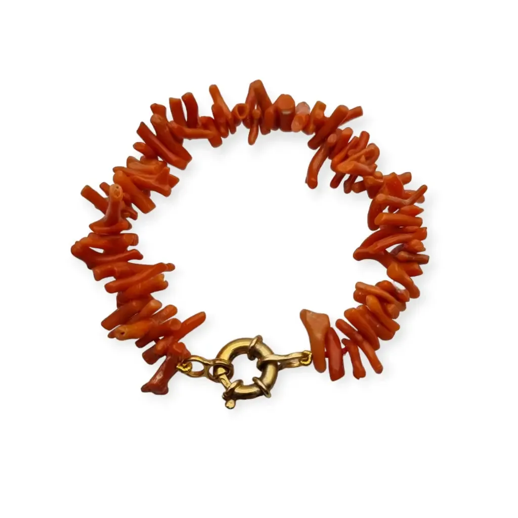 Natural red coral bracelet and gilt silver clasp, 1970, women's gifts.