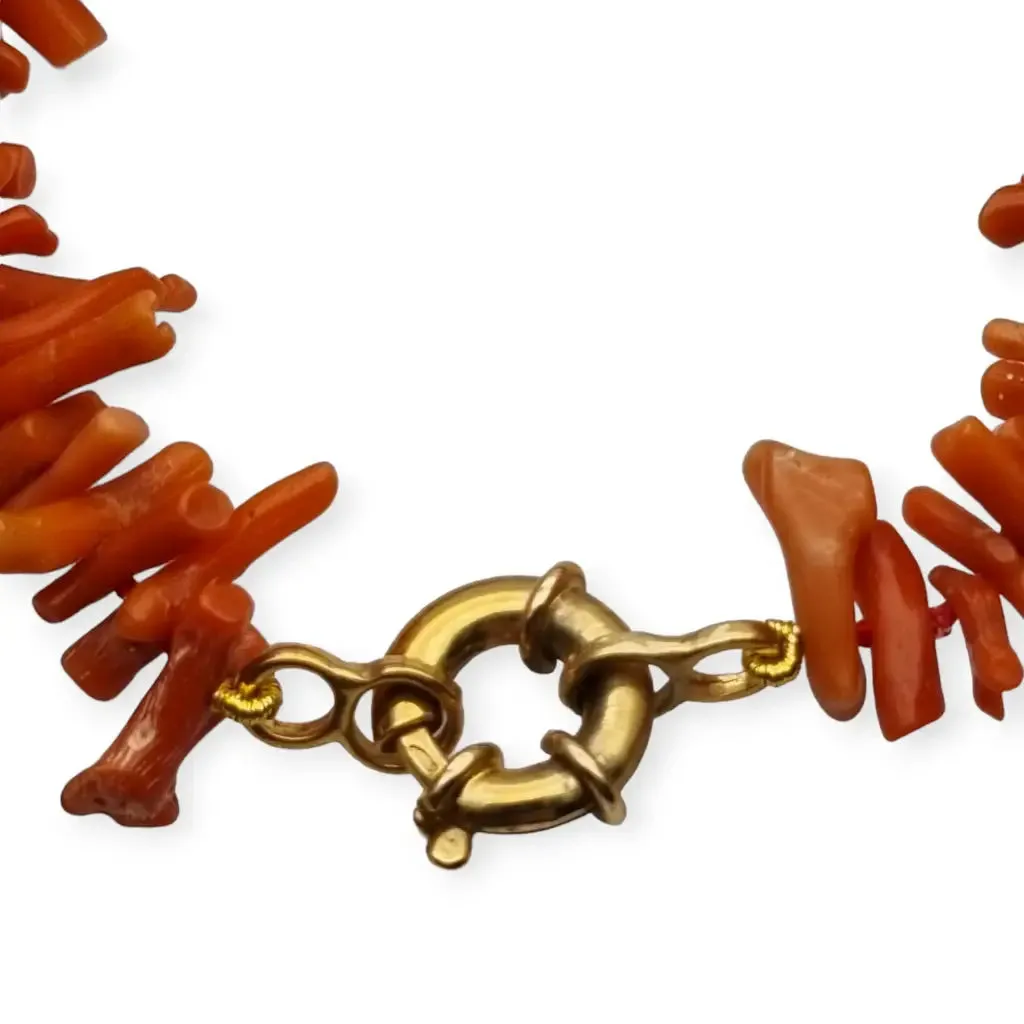 Natural red coral bracelet and gilt silver clasp, 1970, women's gifts.