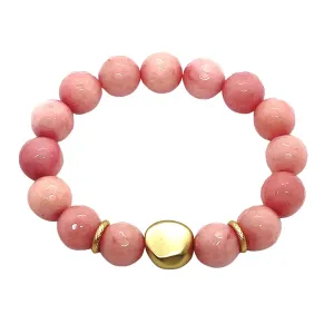 Pink Coral Jade Matte Gold Nugget Stretch Bracelet