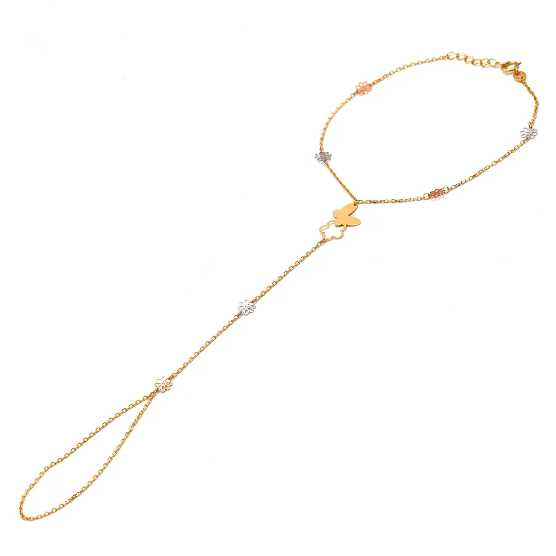 Real Gold 3-Color Hand Wrist Chain Bracelet with Finger Flower and Butterfly - Model 5759 BR1680