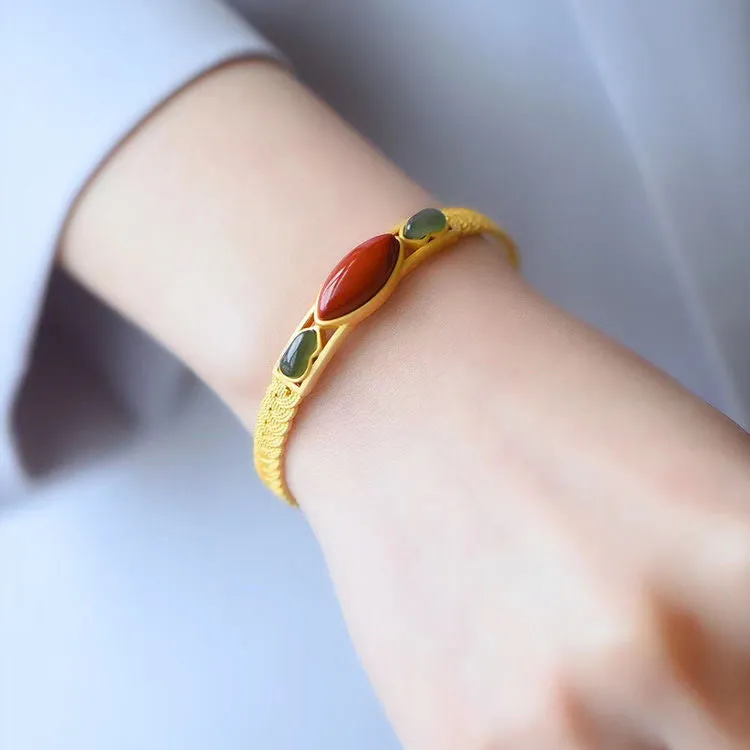 Red Coral & Green Jade Beads Chinese Style Gilding Bracelet