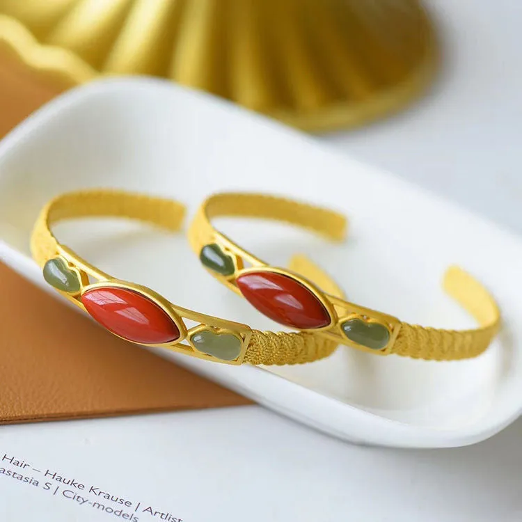 Red Coral & Green Jade Beads Chinese Style Gilding Bracelet
