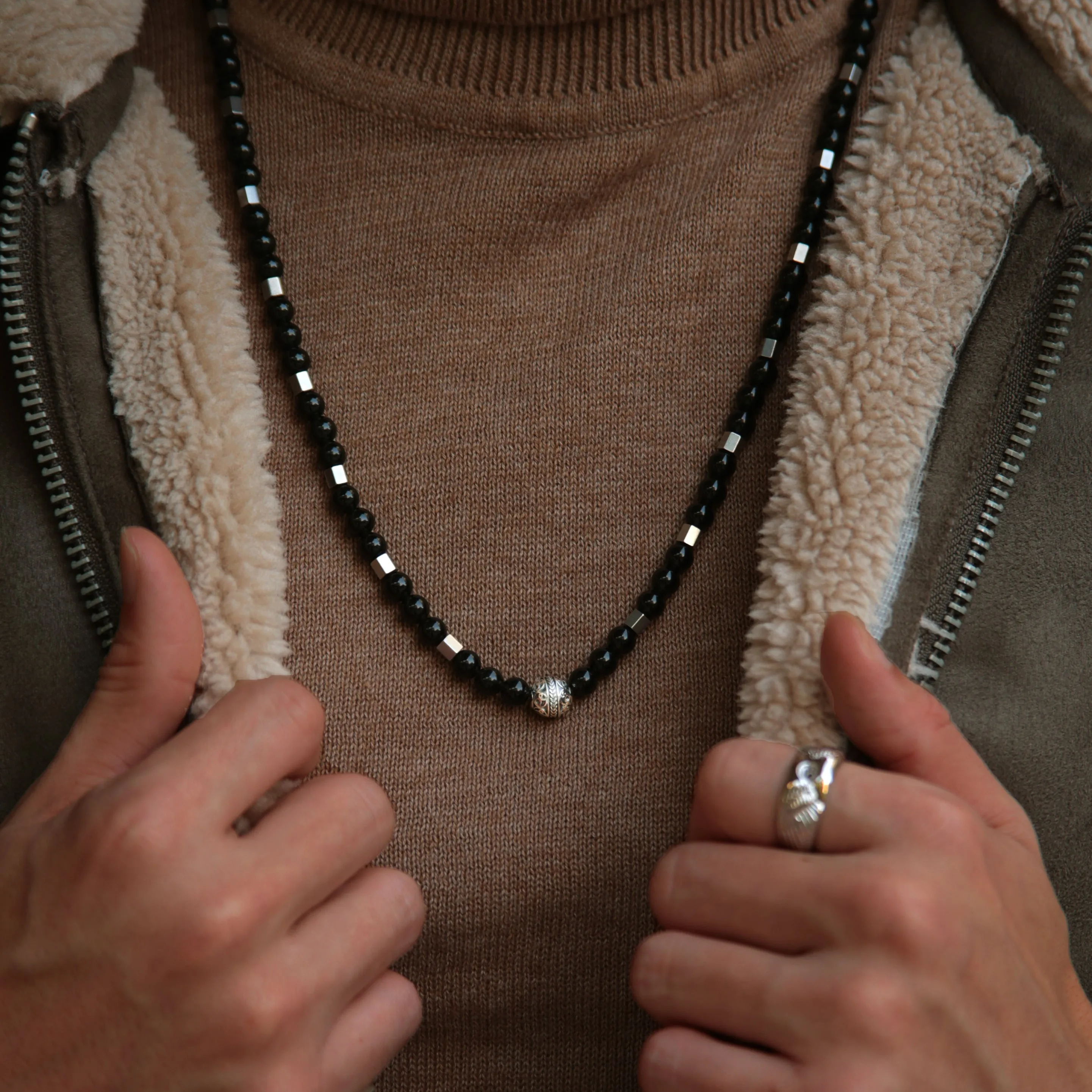 Silver Obsidian Beaded Necklace