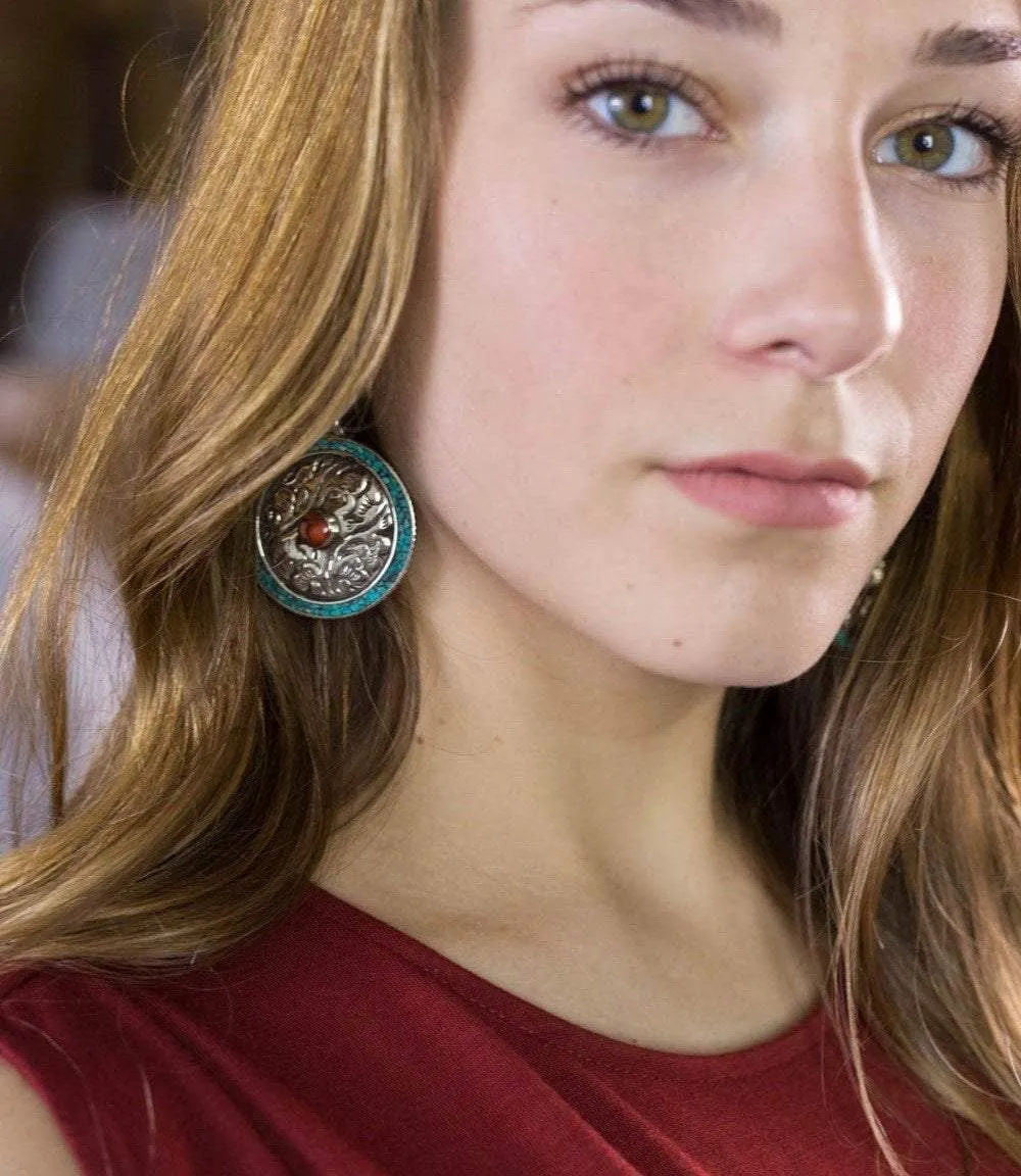 Tibetan Hand-Carved Silver and Turquoise Earrings