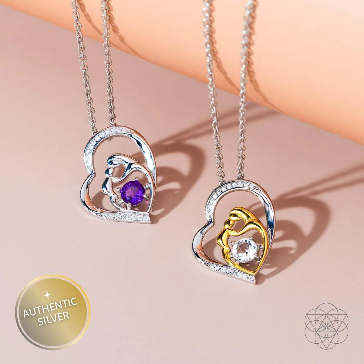 Unbreakable Bond - Mother & Child Crystal Heart Pendant with Clear Quartz